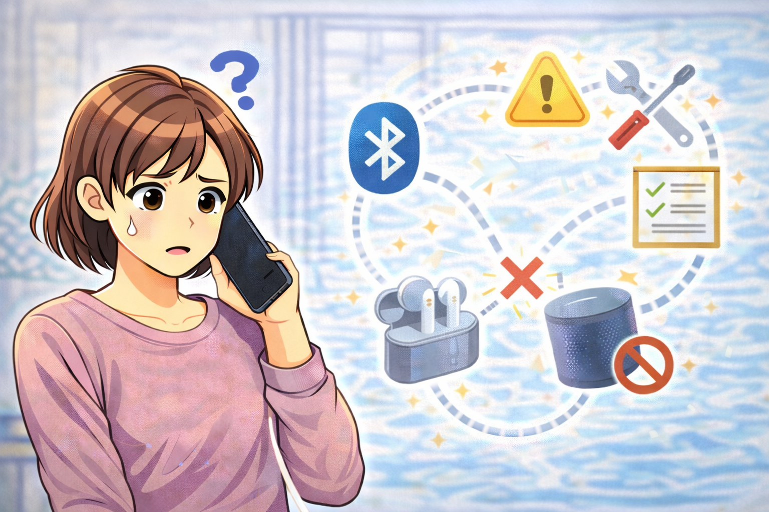 Bluetooth機器と接続できずスマートフォンを確認している女性のイラスト