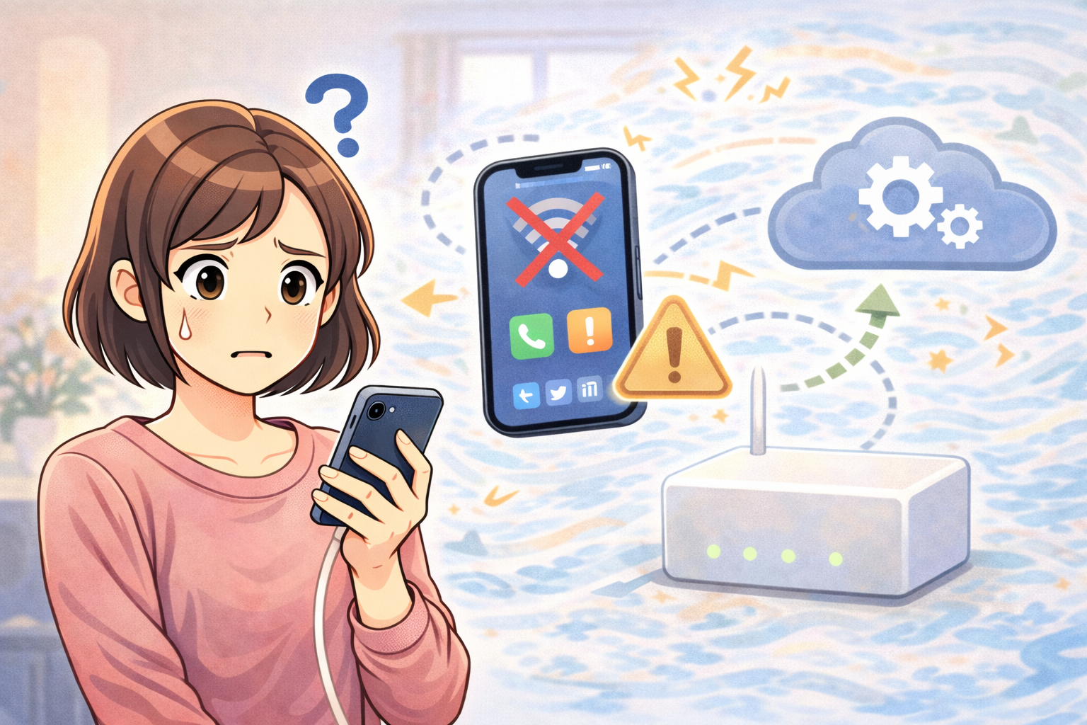 スマートフォンを確認している女性と、WiFi接続がうまくいかない状況や設定確認を示すアイコンが描かれたイラスト