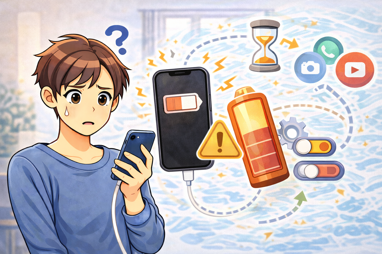 スマートフォンのバッテリー残量を確認している男性と、電池消費に関係する設定やアプリのアイコンが描かれたイラスト