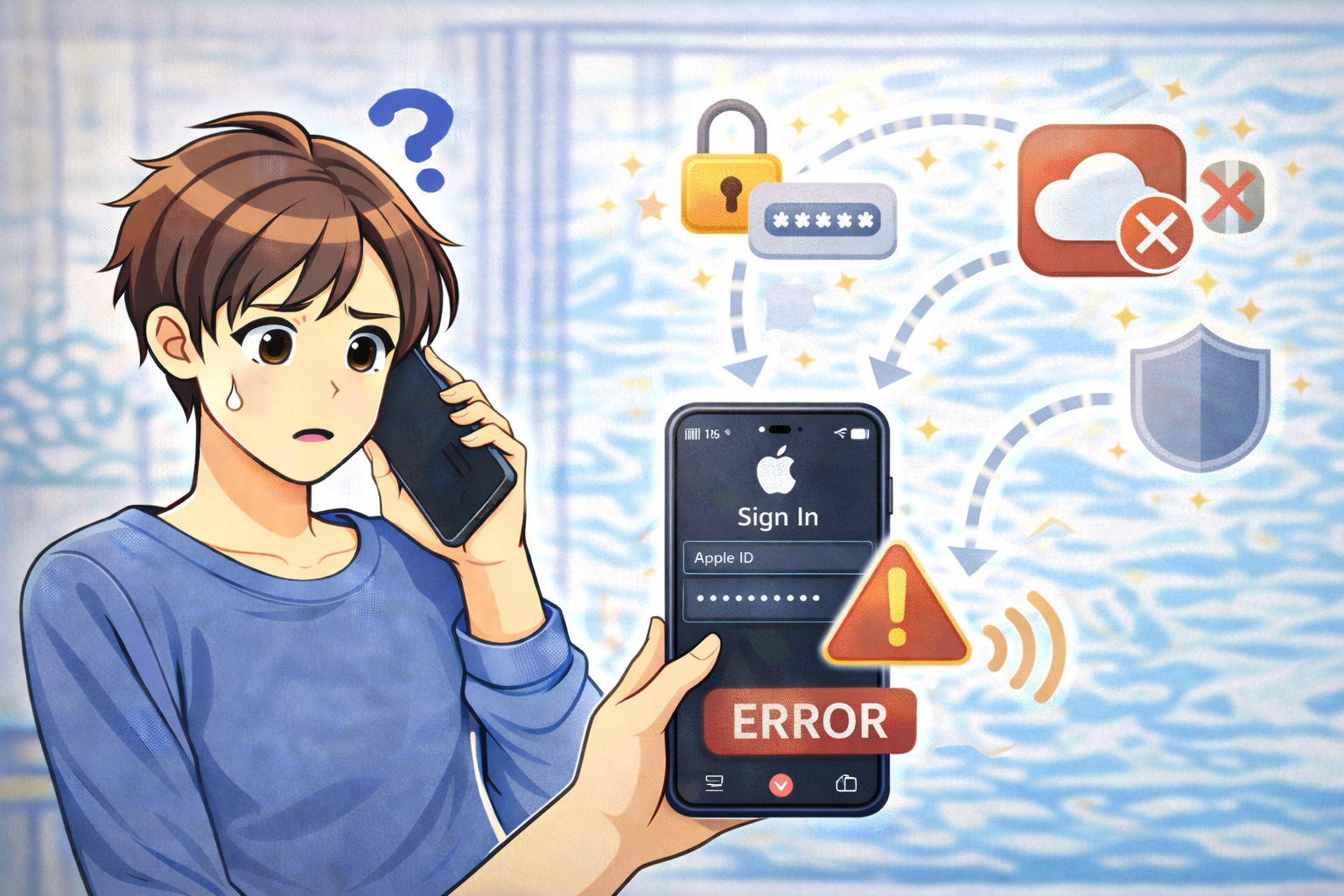 Apple IDへのサインインがうまくいかずスマートフォンを確認している男性のイラスト