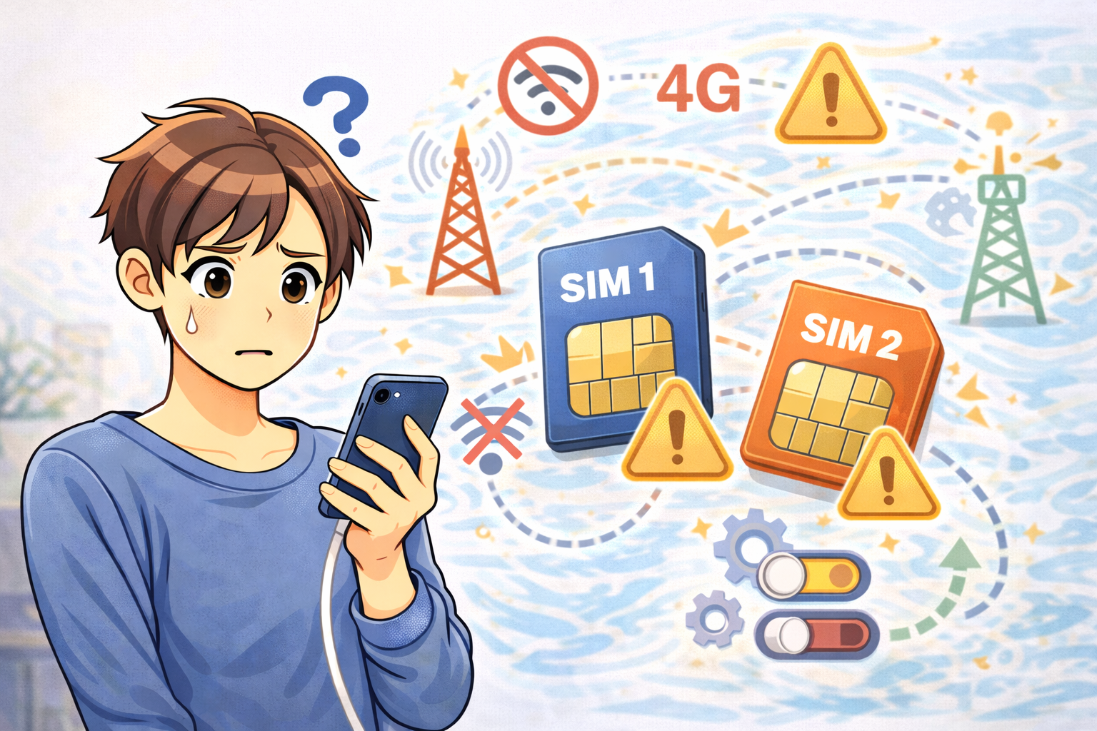 スマートフォンでモバイルデータ通信の状態を確認している男性と、SIMカードや通信状況を示すアイコンが描かれたイラスト