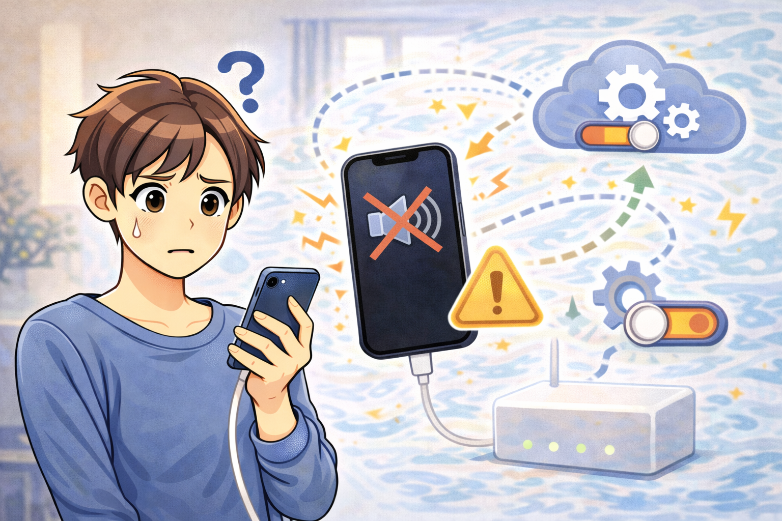 スマートフォンの音が聞こえない状況を確認している男性と、音量や設定に関するアイコンが描かれたイラスト