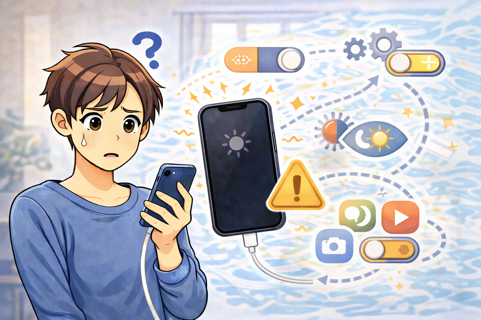 iPhoneの画面が暗くなっている状態を確認している男性と、明るさや表示設定に関するアイコンが描かれたイラスト