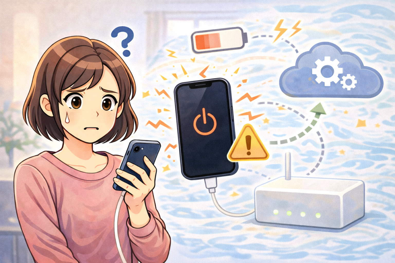 スマートフォンの画面が突然消えた状況を確認している女性と、電源やバッテリー、設定に関するアイコンが描かれたイラスト