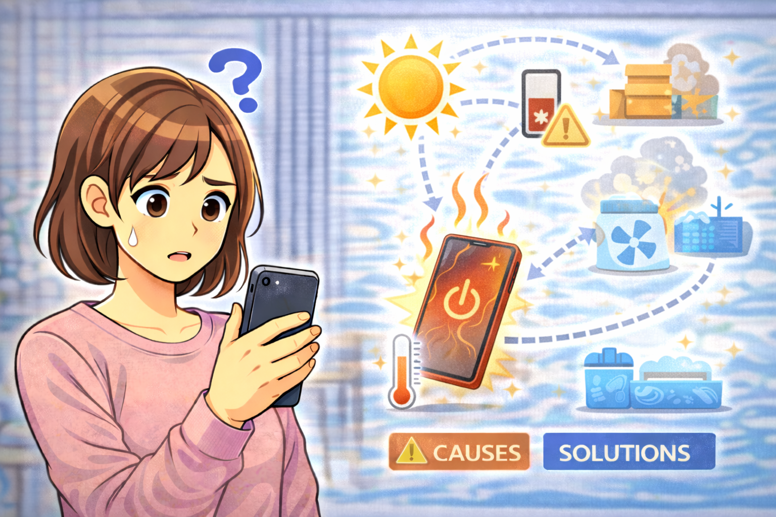 スマートフォンが発熱していることに気づき端末の状態を確認している女性のイラスト
