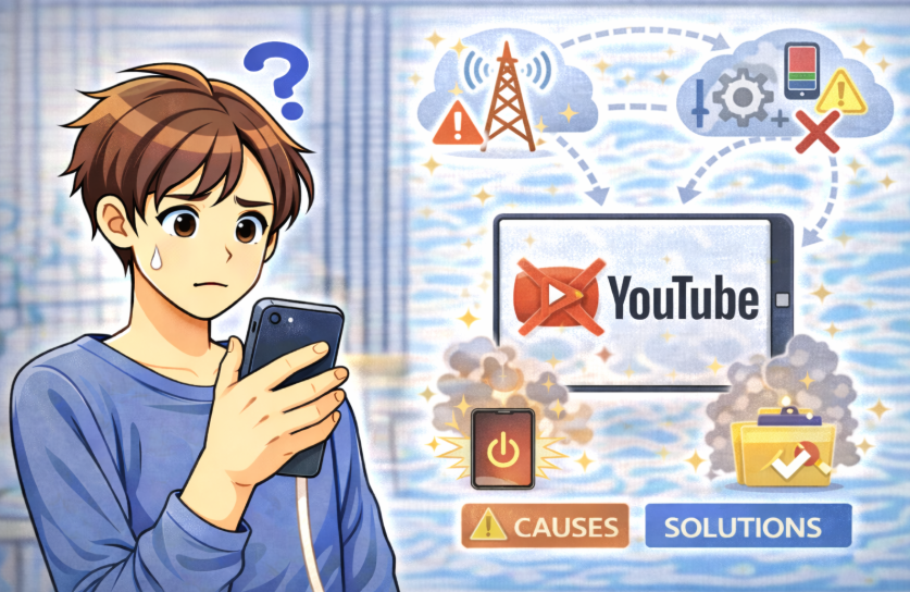 動画が再生されず原因を確認するためスマートフォンを見ている男性のイラスト