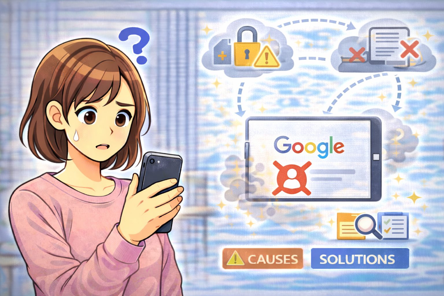 Googleアカウントにログインできずスマートフォンを確認している女性のイラスト