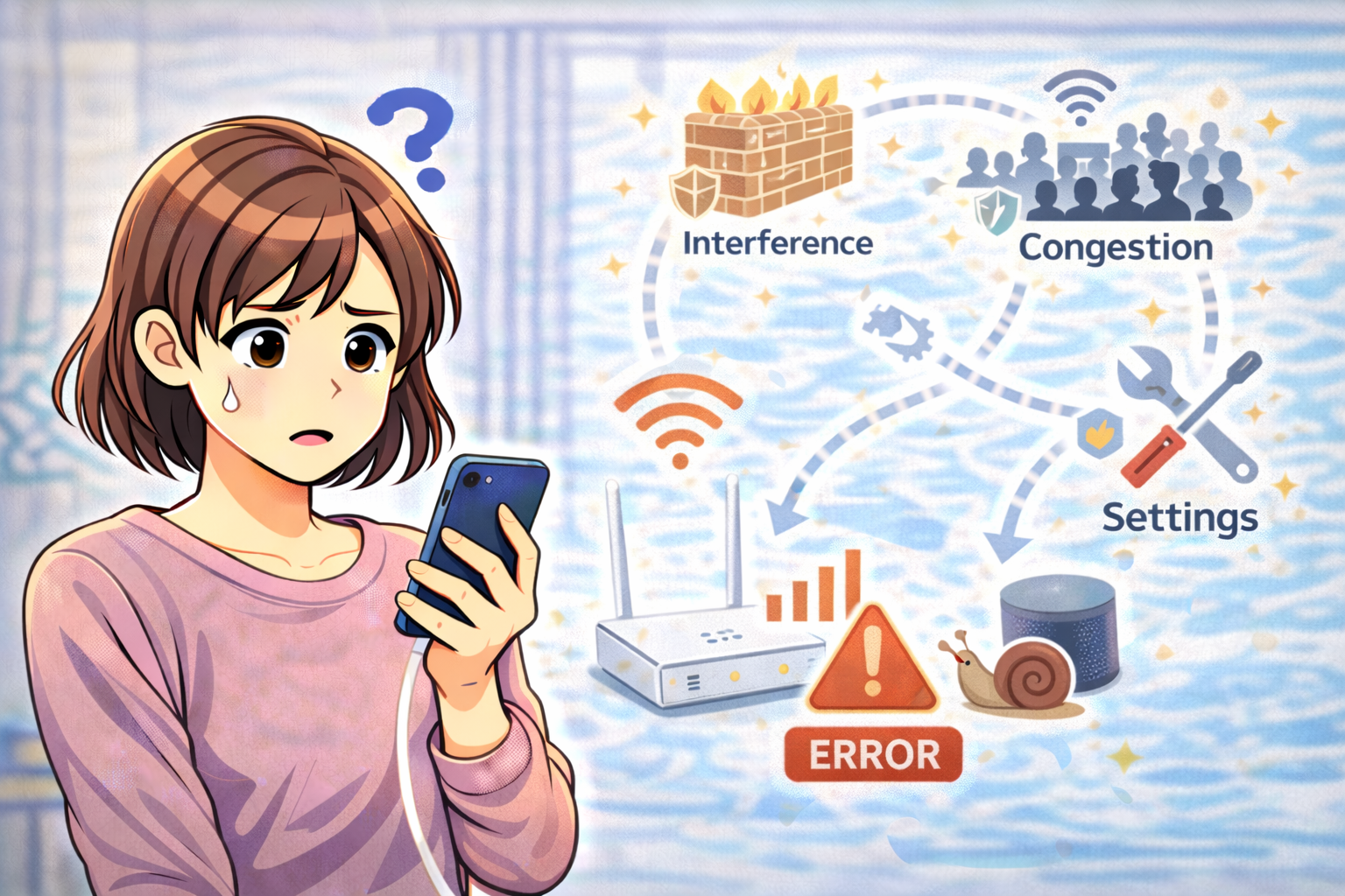 Wi-Fi接続時だけ通信速度が遅くスマートフォンを確認している女性のイラスト