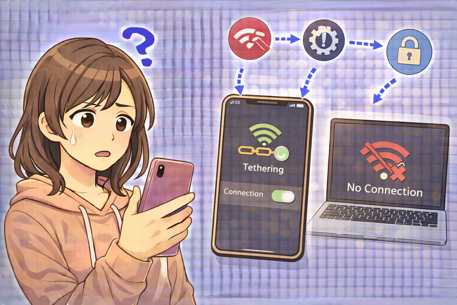 スマホのテザリングを利用しようとしても接続できず、他の端末がインターネットに繋がらない状況を示すイラスト